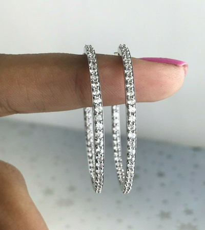 Pre-owned Halojeweler Deal 1.56 Ct Round Natural Diamond Inside Outside Hoop Earrings Solid 18k Gold In White