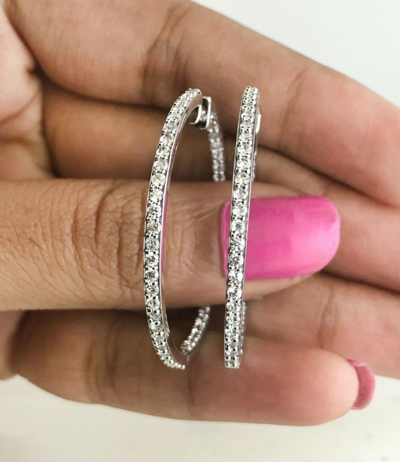 Pre-owned Halojeweler Deal 1.56 Ct Round Natural Diamond Inside Outside Hoop Earrings Solid 18k Gold In White