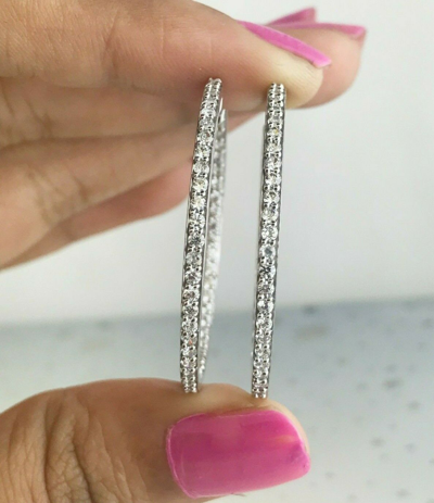 Pre-owned Halojeweler Deal 1.56 Ct Round Natural Diamond Inside Outside Hoop Earrings Solid 18k Gold In White