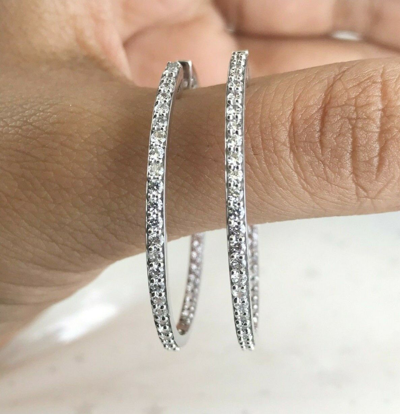 Pre-owned Halojeweler Deal 1.56 Ct Round Natural Diamond Inside Outside Hoop Earrings Solid 18k Gold In White