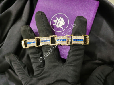 Pre-owned Online0369 Men's 6 Ct Round Vvs Moissanite & Blue Simulated Tanzanite Custom Link Bracelet In White