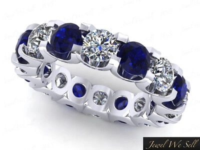 Pre-owned Jewelwesell 4.20ct Round Sapphire Diamond Shared U-prong Eternity Band Ring Platinum Si1 In G