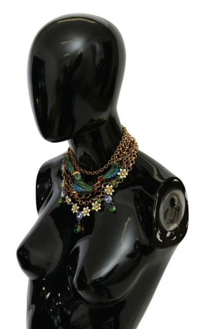 Pre-owned Dolce & Gabbana Necklace Gold Parrot Crystal Floral Charm Statement Rrp $2100