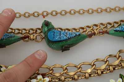 Pre-owned Dolce & Gabbana Necklace Gold Parrot Crystal Floral Charm Statement Rrp $2100