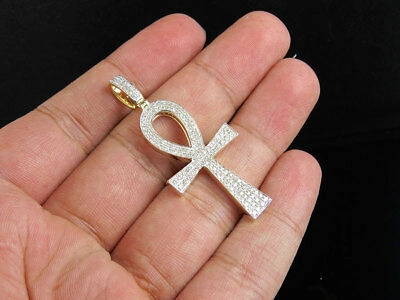 Pre-owned Jewelry Unlimited 10k Yellow Gold Solid Egyptian Ankh Cross Genuine Diamond Charm Pendant 1.40ct In G-h