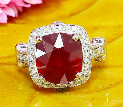 Pre-owned Knr 14k White Gold Cushion Ruby And Round Cut Diamonds Ring Deco Bridal Halo 7.80ct In Red