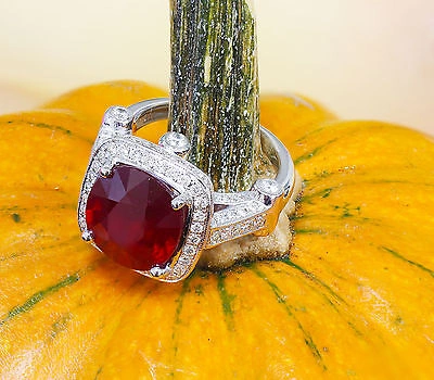 Pre-owned Knr 14k White Gold Cushion Ruby And Round Cut Diamonds Ring Deco Bridal Halo 7.80ct In Red