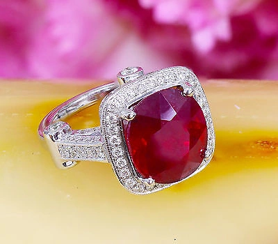 Pre-owned Knr 14k White Gold Cushion Ruby And Round Cut Diamonds Ring Deco Bridal Halo 7.80ct In Red