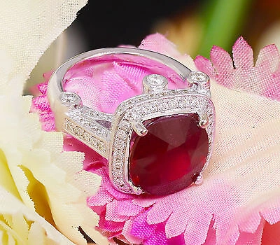 Pre-owned Knr 14k White Gold Cushion Ruby And Round Cut Diamonds Ring Deco Bridal Halo 7.80ct In Red