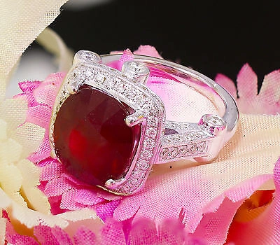Pre-owned Knr 14k White Gold Cushion Ruby And Round Cut Diamonds Ring Deco Bridal Halo 7.80ct In Red