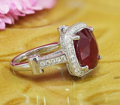Pre-owned Knr 14k White Gold Cushion Ruby And Round Cut Diamonds Ring Deco Bridal Halo 7.80ct In Red