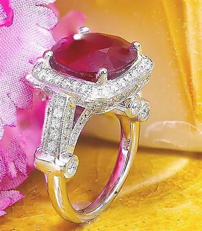 Pre-owned Knr 14k White Gold Cushion Ruby And Round Cut Diamonds Ring Deco Bridal Halo 7.80ct In Red