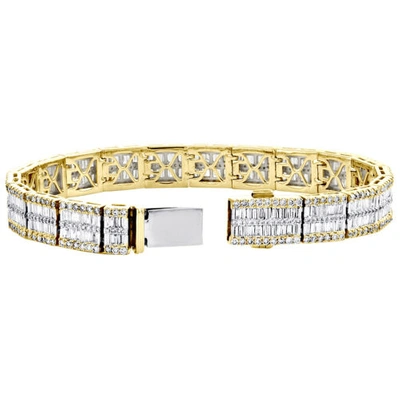 Pre-owned Jfl Diamonds & Timepieces 10k Yellow Gold Round & Baguette Diamond 10mm Fancy Statement Bracelet 9.50 Ct. In White