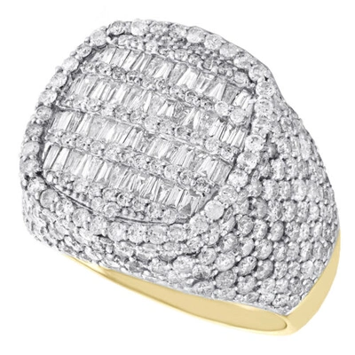 Pre-owned Jfl Diamonds & Timepieces 10k Yellow Gold Round & Baguette Diamond 19mm Domed Cluster Pinky Ring 5.59 Ct. In White