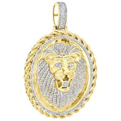 Pre-owned Jfl Diamonds & Timepieces 10k Yellow Gold Diamond Lion Head Oval Rope Frame Border Pendant 2.1" Charm 1 Ct In White