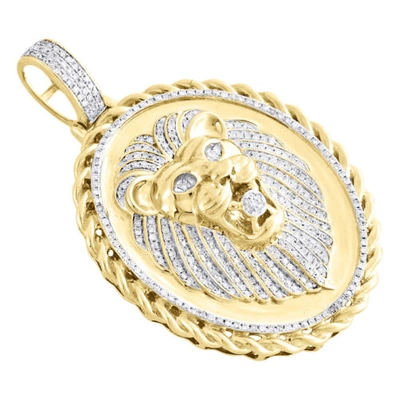Pre-owned Jfl Diamonds & Timepieces 10k Yellow Gold Diamond Lion Head Oval Rope Frame Border Pendant 2.1" Charm 1 Ct In White
