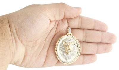 Pre-owned Jfl Diamonds & Timepieces 10k Yellow Gold Diamond Lion Head Oval Rope Frame Border Pendant 2.1" Charm 1 Ct In White