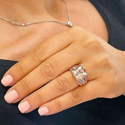 Pre-owned Halo 14k Solid Rose Gold Cushion Peach Morganite And Natural Round Diamond Ring 6.50 In Pink
