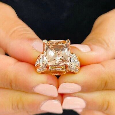 Pre-owned Halo 14k Solid Rose Gold Cushion Peach Morganite And Natural Round Diamond Ring 6.50 In Pink
