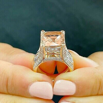 Pre-owned Halo 14k Solid Rose Gold Cushion Peach Morganite And Natural Round Diamond Ring 6.50 In Pink