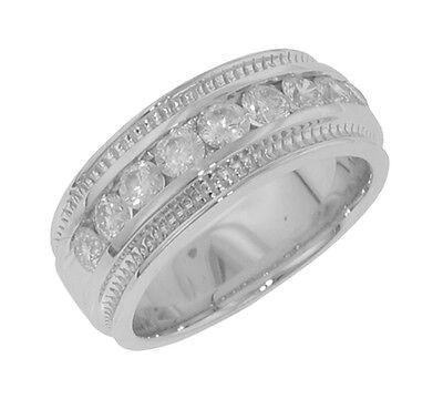 Pre-owned La 1.00 Ct Men's Channel Set Round Diamond Wedding Band In Hand Carved In Ptinum In White