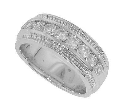 Pre-owned La 1.00 Ct Men's Channel Set Round Diamond Wedding Band In Hand Carved In Ptinum In White
