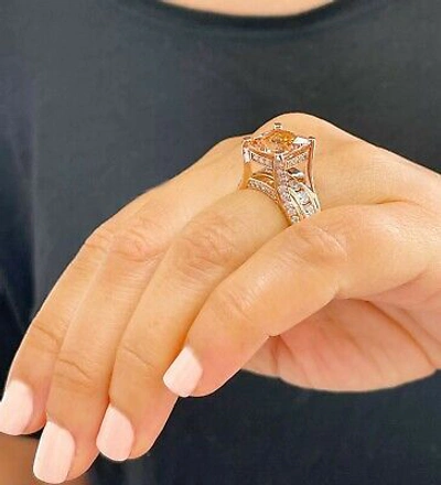 Pre-owned Halo 14k Solid Rose Gold Cushion Peach Morganite And Natural Round Diamond Ring 6.50 In Pink