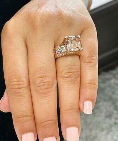 Pre-owned Halo 14k Solid Rose Gold Cushion Peach Morganite And Natural Round Diamond Ring 6.50 In Pink