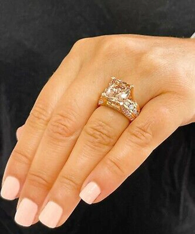 Pre-owned Halo 14k Solid Rose Gold Cushion Peach Morganite And Natural Round Diamond Ring 6.50 In Pink