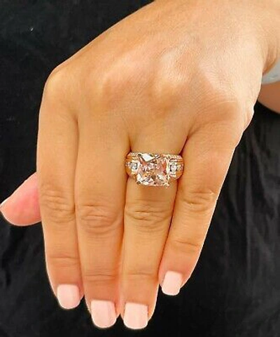 Pre-owned Halo 14k Solid Rose Gold Cushion Peach Morganite And Natural Round Diamond Ring 6.50 In Pink