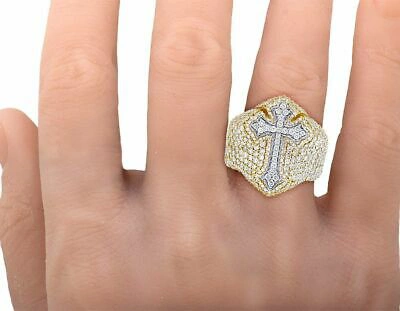 Pre-owned Jewelry Unlimited 10k Yellow/ White Gold Real Diamond Cross 17mm Pinky Ring 4.4 Ct