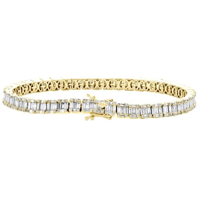 Pre-owned Jfl Diamonds & Timepieces 14k Yellow Gold Round & Baguette Diamond 5mm Statement 7" Tennis Bracelet 4.8 Ct In White