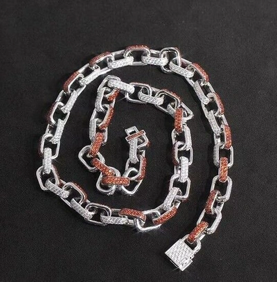 ONLINE0369 Pre-owned Men's 12mm X 20 Inch Cuban Link Necklace 12ct Garnet Cubic Zirconia Silver In Red