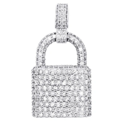 Pre-owned Jfl Diamonds & Timepieces 10k White Gold Round Dimaond Padlock Statement Pendant 1.30" Pave Charm 2.35 Ct.