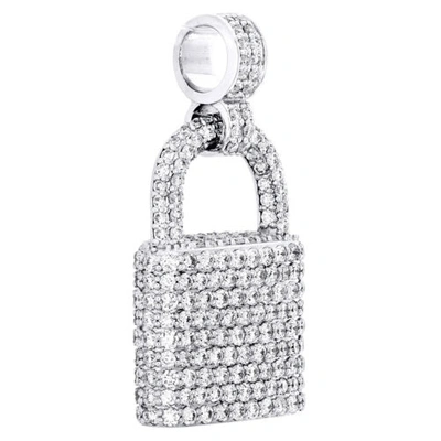 Pre-owned Jfl Diamonds & Timepieces 10k White Gold Round Dimaond Padlock Statement Pendant 1.30" Pave Charm 2.35 Ct.