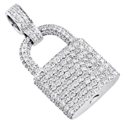 Pre-owned Jfl Diamonds & Timepieces 10k White Gold Round Dimaond Padlock Statement Pendant 1.30" Pave Charm 2.35 Ct.
