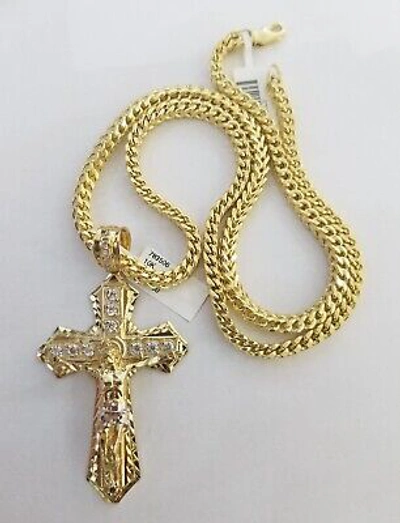 Pre-owned Gold & Diamond Jewelers 10k Gold Franco Chain & 10kt Cross Charm Pendant And Necklace 26" 4-5mm Set Real In Yellow