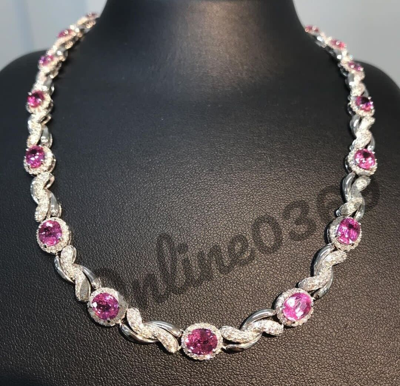 Pre-owned Online0369 12.2ct Oval Pink Cubic Zirconia Mens Tennis Link Necklace Silver Free Stud