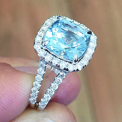 Pre-owned Knr 14k White Gold Cushion Cut Aquamarine And Diamonds Engagement Ring Halo 4.70ctw In Blue