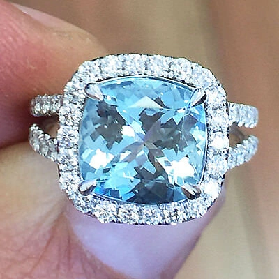 Pre-owned Knr 14k White Gold Cushion Cut Aquamarine And Diamonds Engagement Ring Halo 4.70ctw In Blue