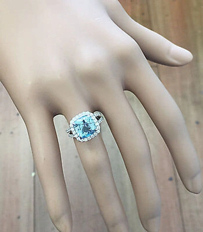 Pre-owned Knr 14k White Gold Cushion Cut Aquamarine And Diamonds Engagement Ring Halo 4.70ctw In Blue