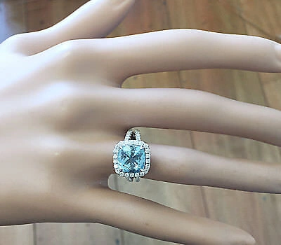 Pre-owned Knr 14k White Gold Cushion Cut Aquamarine And Diamonds Engagement Ring Halo 4.70ctw In Blue
