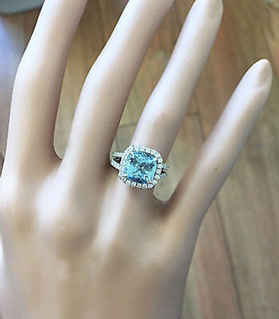 Pre-owned Knr 14k White Gold Cushion Cut Aquamarine And Diamonds Engagement Ring Halo 4.70ctw In Blue
