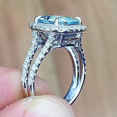 Pre-owned Knr 14k White Gold Cushion Cut Aquamarine And Diamonds Engagement Ring Halo 4.70ctw In Blue