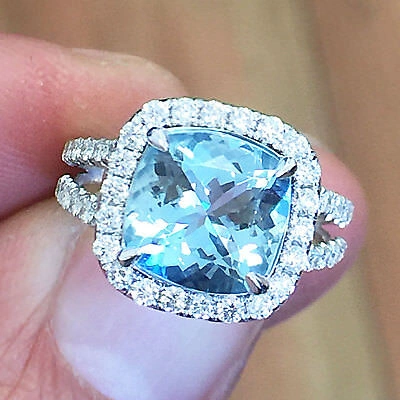 Pre-owned Knr 14k White Gold Cushion Cut Aquamarine And Diamonds Engagement Ring Halo 4.70ctw In Blue