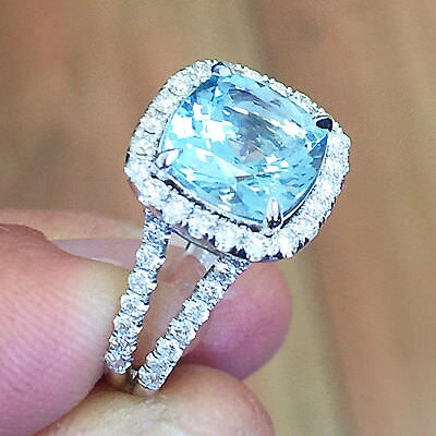 Pre-owned Knr 14k White Gold Cushion Cut Aquamarine And Diamonds Engagement Ring Halo 4.70ctw In Blue