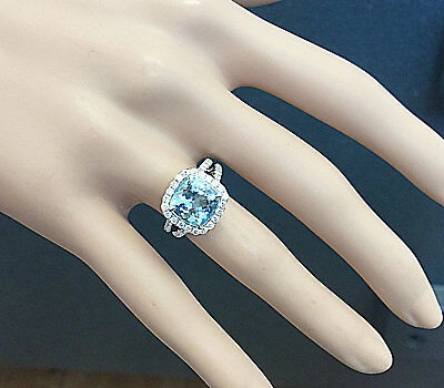 Pre-owned Knr 14k White Gold Cushion Cut Aquamarine And Diamonds Engagement Ring Halo 4.70ctw In Blue