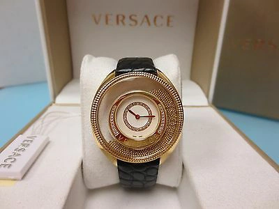 Pre-owned Versace Womens 86q71sd498 S009 Destiny Spirit Gold Ip Case Leather Diamond Watch