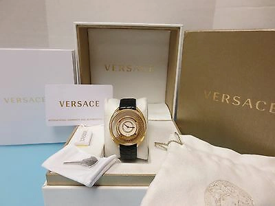 Pre-owned Versace Womens 86q71sd498 S009 Destiny Spirit Gold Ip Case Leather Diamond Watch