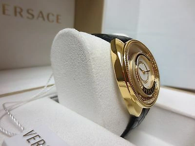 Pre-owned Versace Womens 86q71sd498 S009 Destiny Spirit Gold Ip Case Leather Diamond Watch